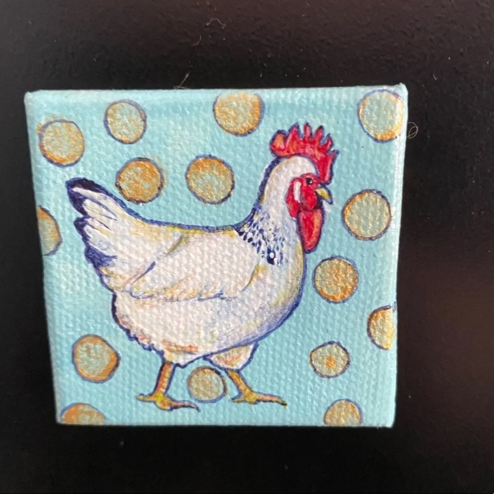 Hand painted mini art magnet rooster hen canvas gift country polka dots artwork